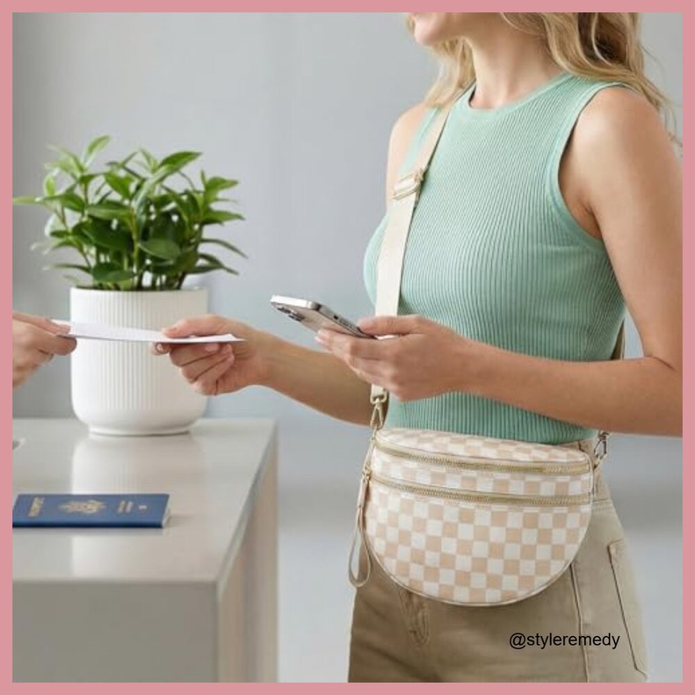 Nylon Crossbody Bag Checkered Pattern Spacious Tr… - image 6